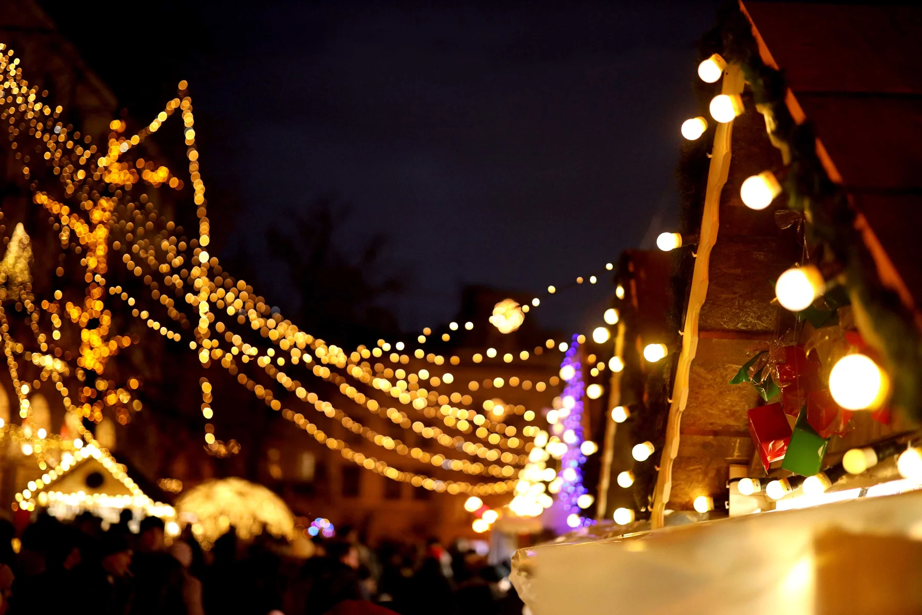 Warm string lights over an outdoor celebration